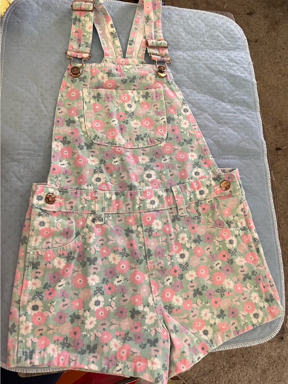 Colette Lilly Girls Floral Pink Green Overall Shorts - Kids Bottoms